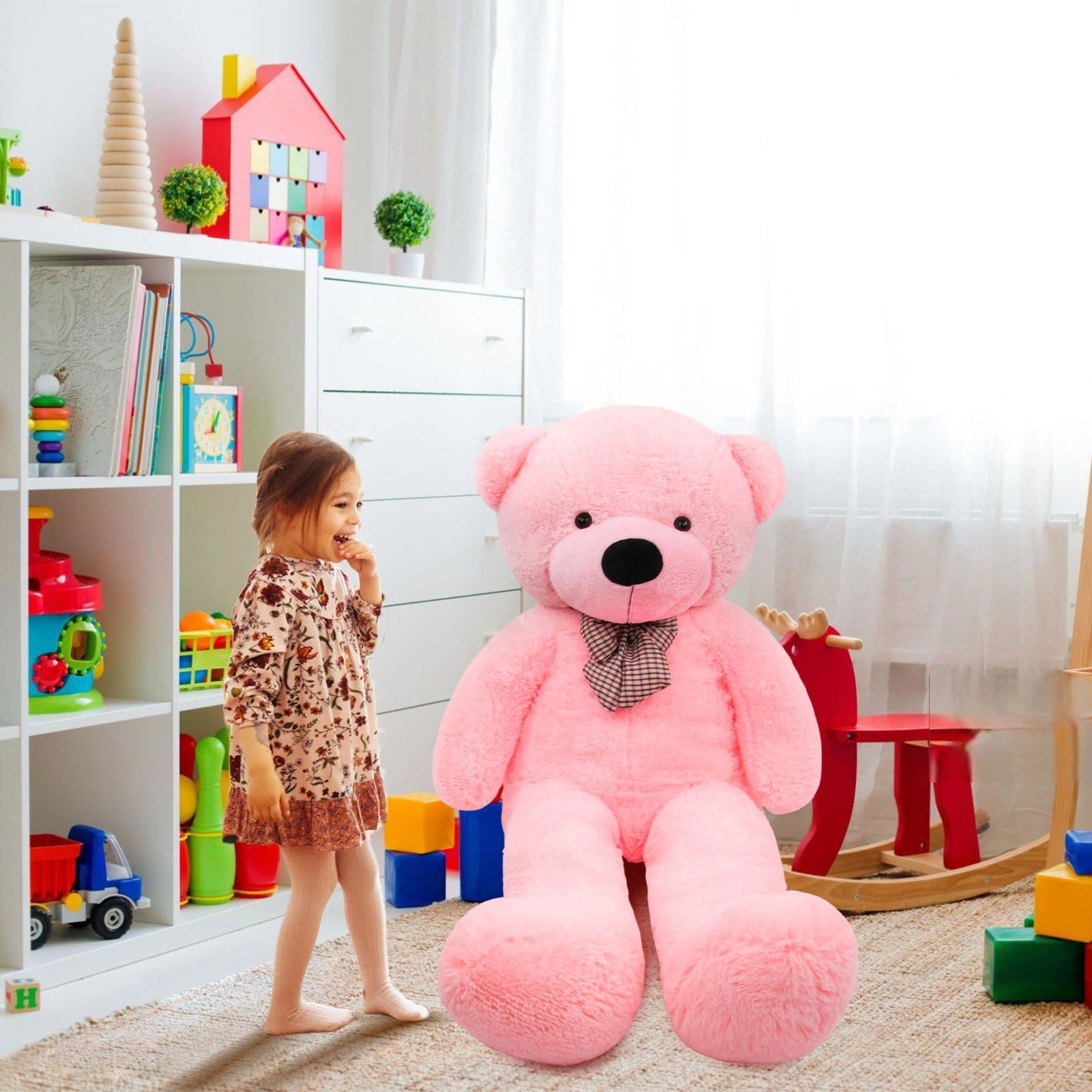 SRANWOW 3.7 feet 4.3 feet 5 feet 5.7 feet Giant Teddy Bear with Bow Tie, Super Soft Plush (Pink, 67 Inch)