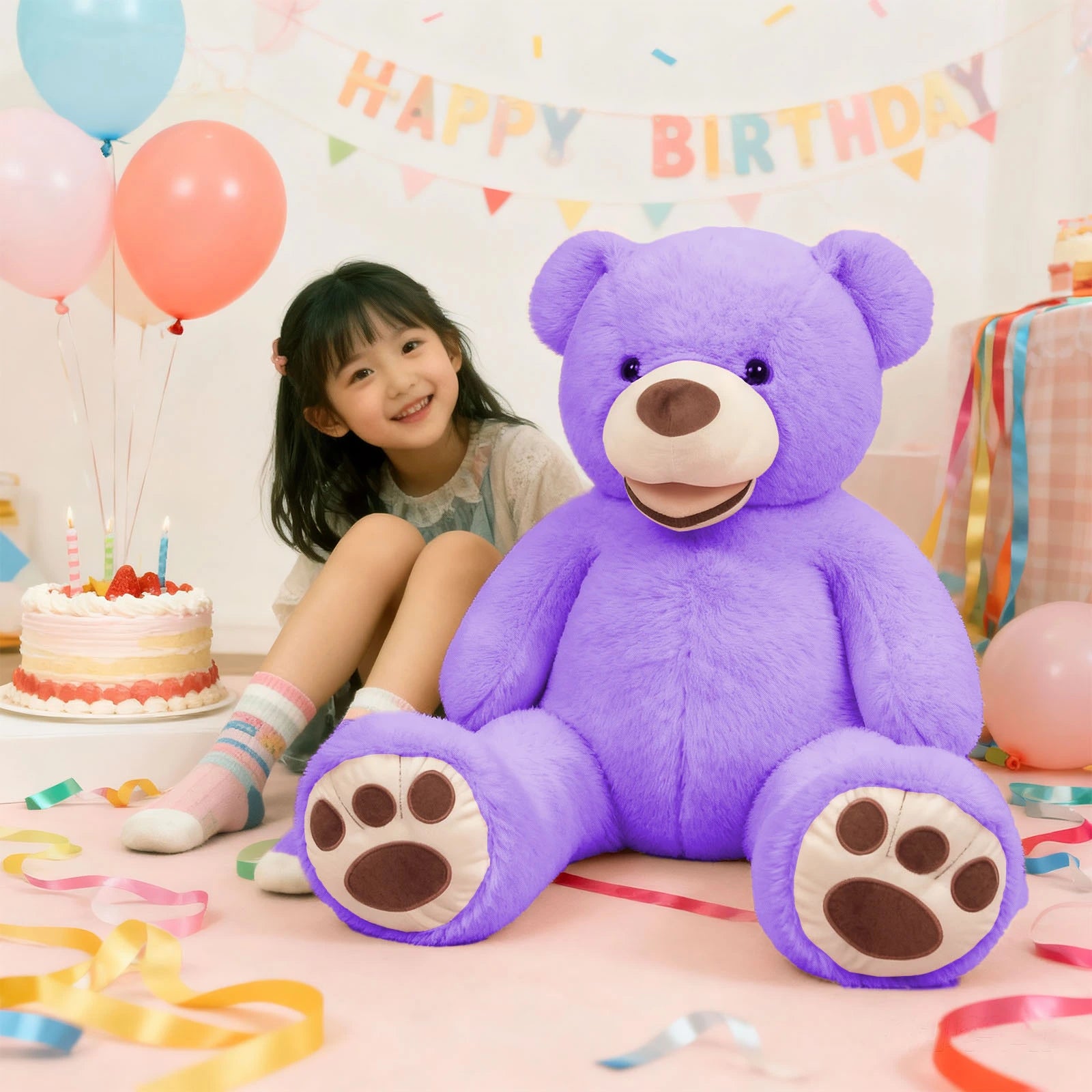 SRANWOW 52 Inches Giant Plush Teddy Bear Soft Gray Stuffed Animal with Paw Details (Purple)