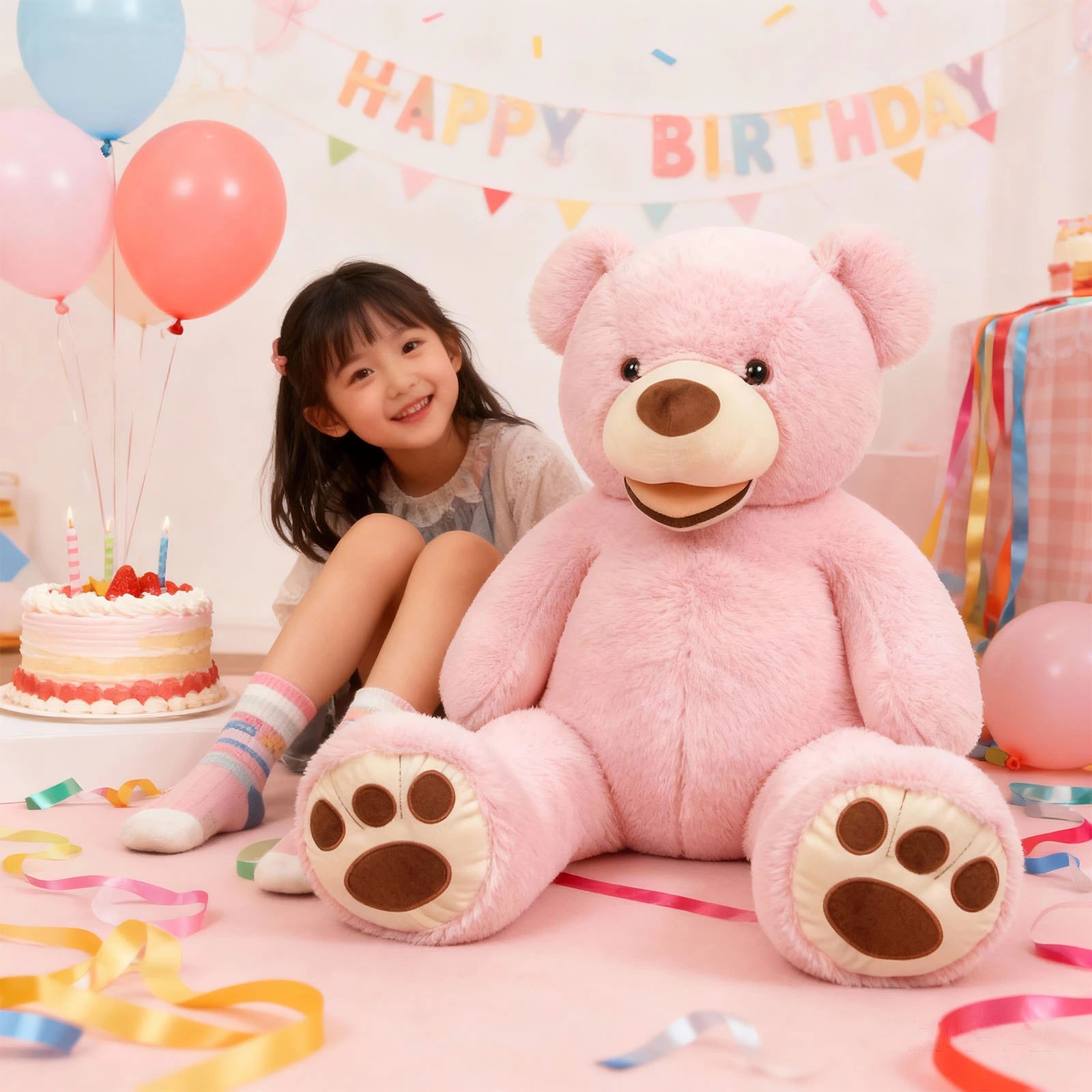 SRANWOW Giant Plush Teddy Bear, 52 Inches Tall, Soft Gray Stuffed Animal with Paw Details (Pink)