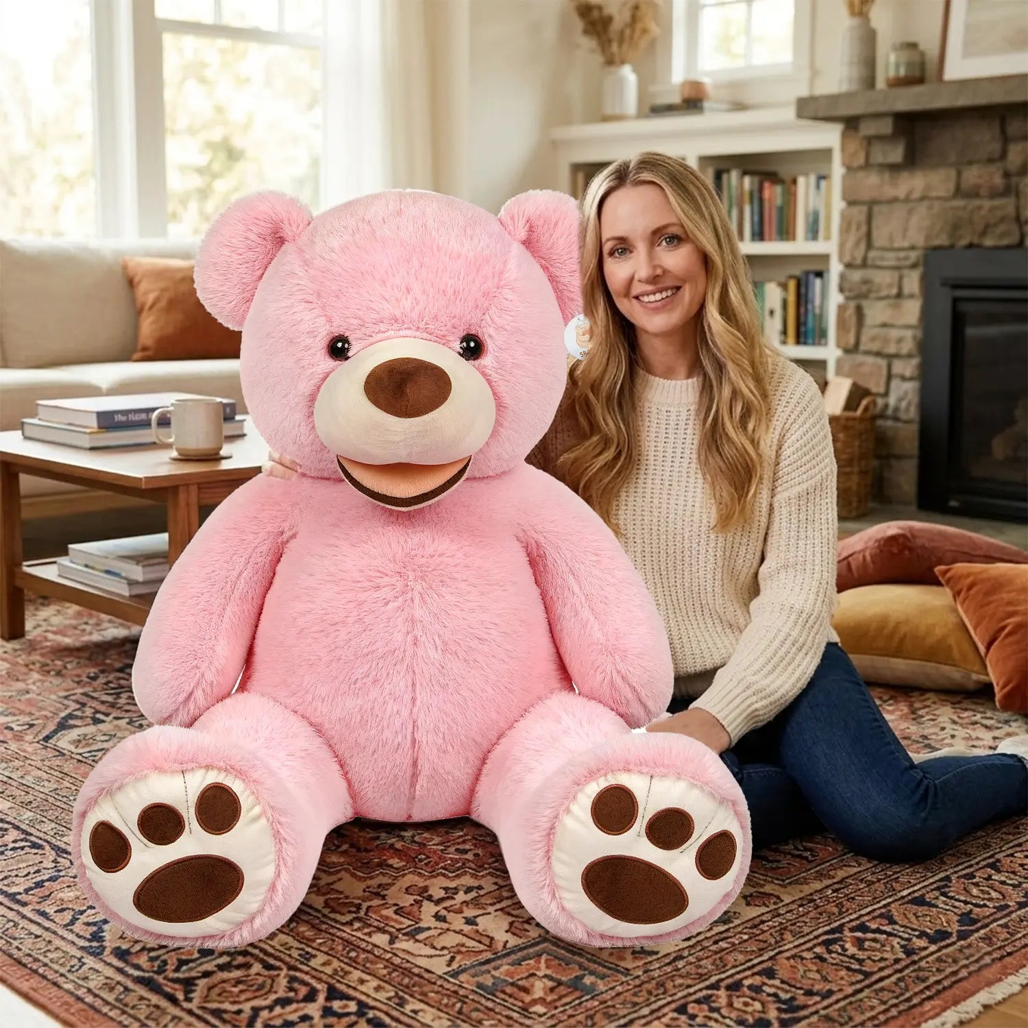 SRANWOW Giant Plush Teddy Bear, 52 Inches Tall, Soft Gray Stuffed Animal with Paw Details (Pink)