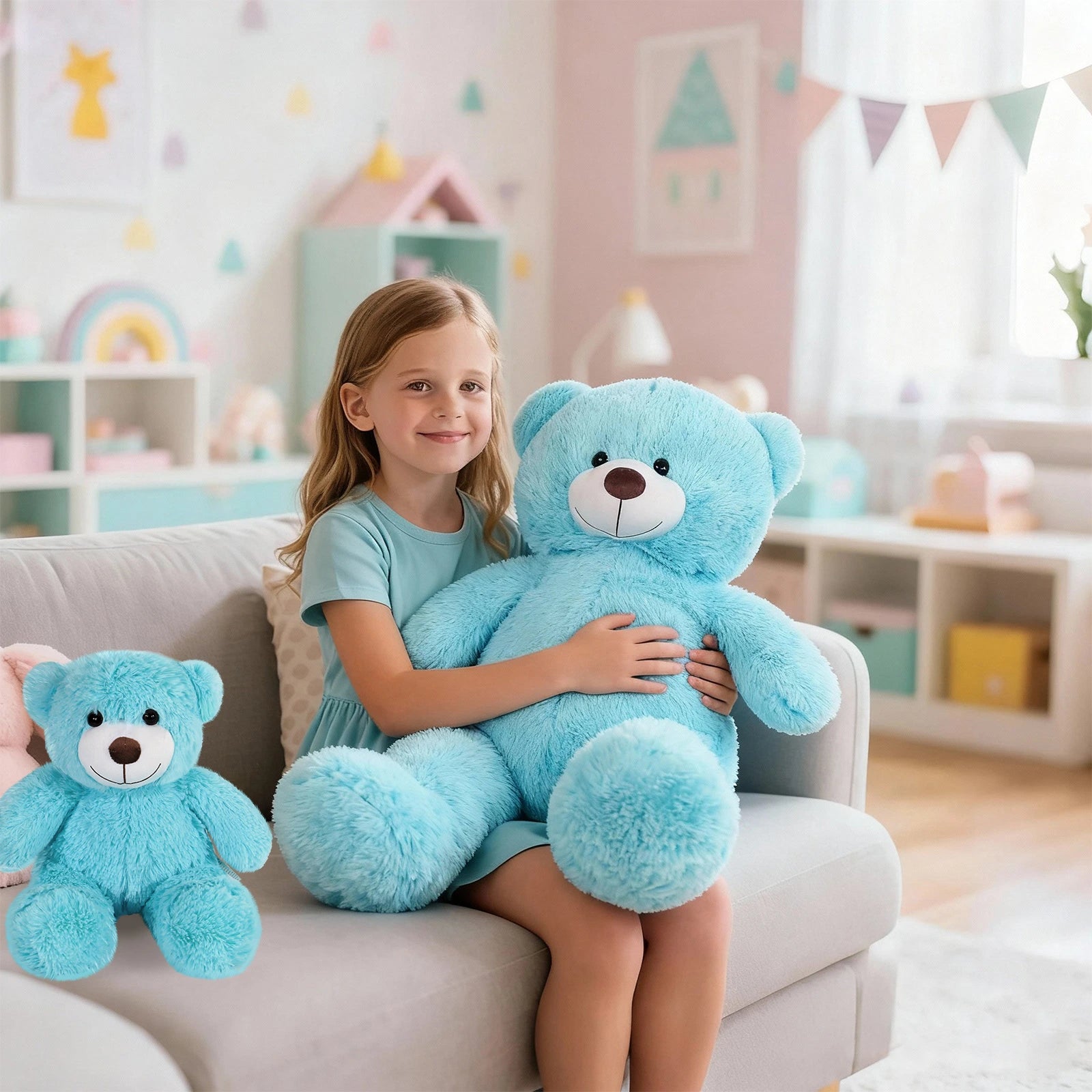 SRANWOW 2-in-1 Teddy Bear Plush Set, 39.4 inch Large & 17.7 inch Small, Stuffed Animal with Hidden Storage (Blue)