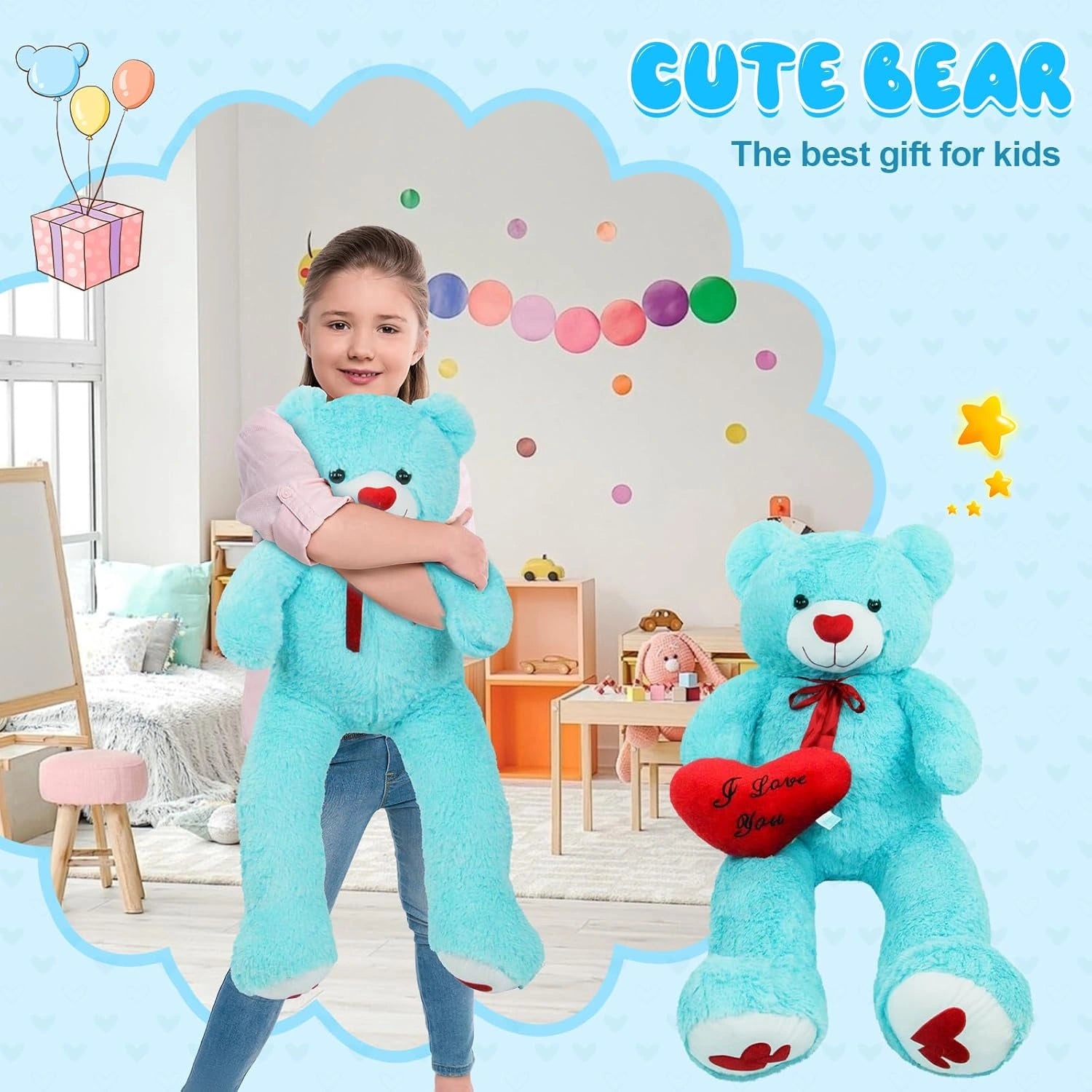 SRANWOW 51.2 Inch Giant Teddy Bear with Soft Heart Pillow, Plush Stuffed Animal, Valentine's Day Gift (Blue)