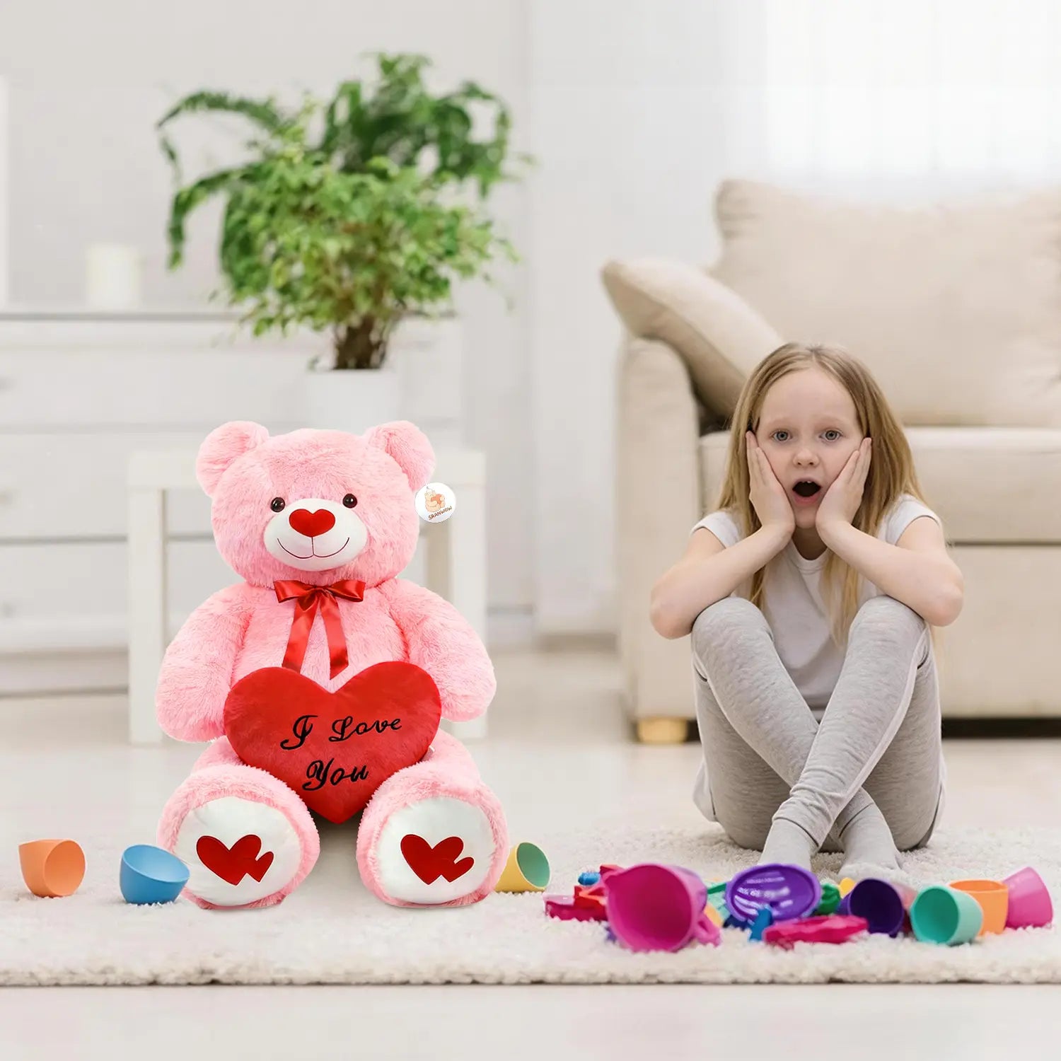 SRANWOW 43.3 Inch Giant Teddy Bear with Soft Heart Pillow, Plush Stuffed Animal, Valentine's Day Gift (Pink)