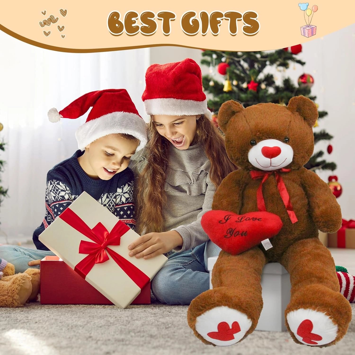 SRANWOW 51.2 Inch Giant Teddy Bear with Soft Heart Pillow, Plush Stuffed Animal, Valentine's Day Gift (Dark Brown)