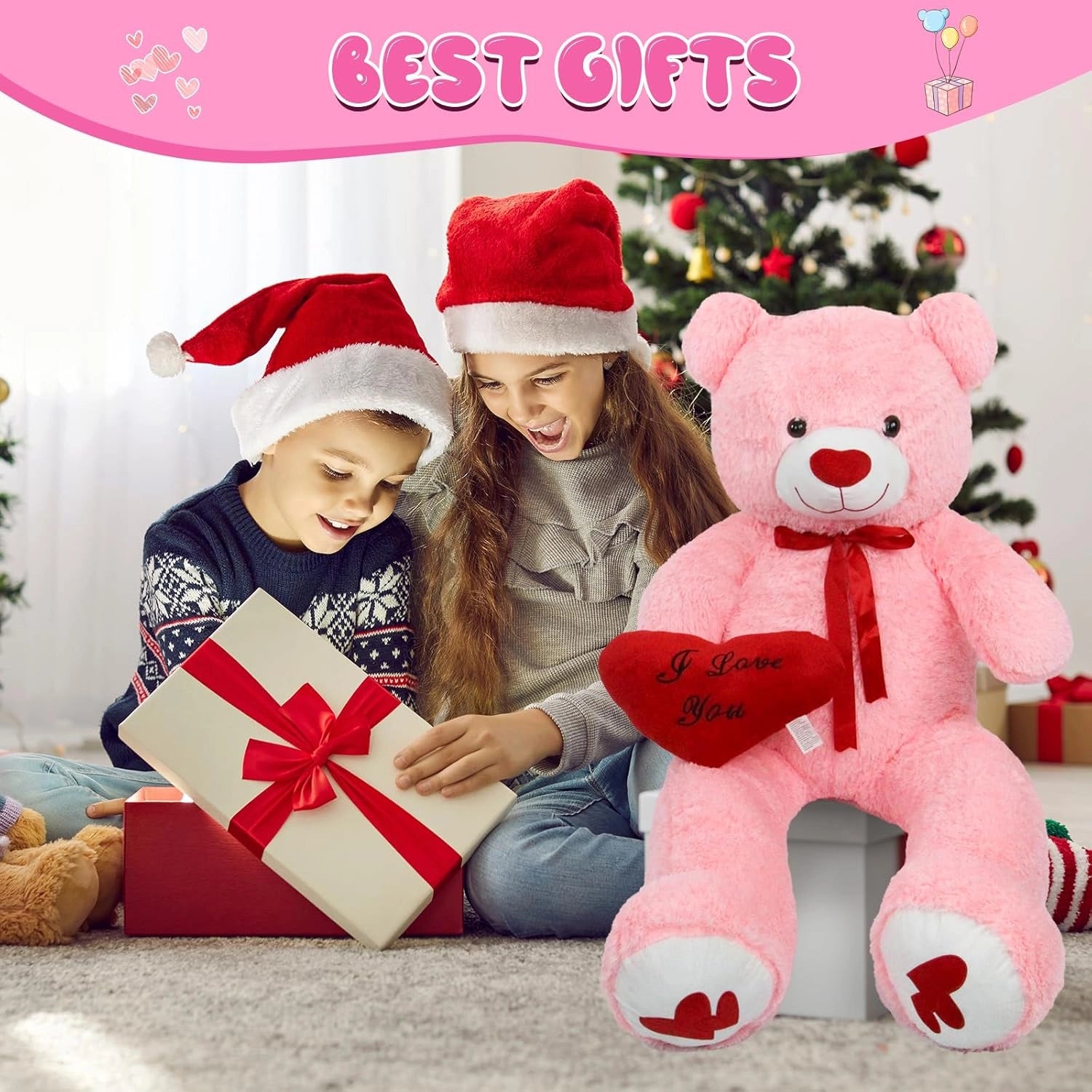 SRANWOW 51.2 Inch Giant Teddy Bear with Soft Heart Pillow, Plush Stuffed Animal, Valentine's Day Gift (Pink)