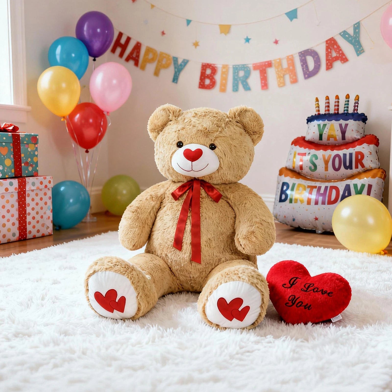 SRANWOW 43.3 Inch Giant Teddy Bear with Soft Heart Pillow, Plush Stuffed Animal, Valentine's Day Gift (Light Brown)