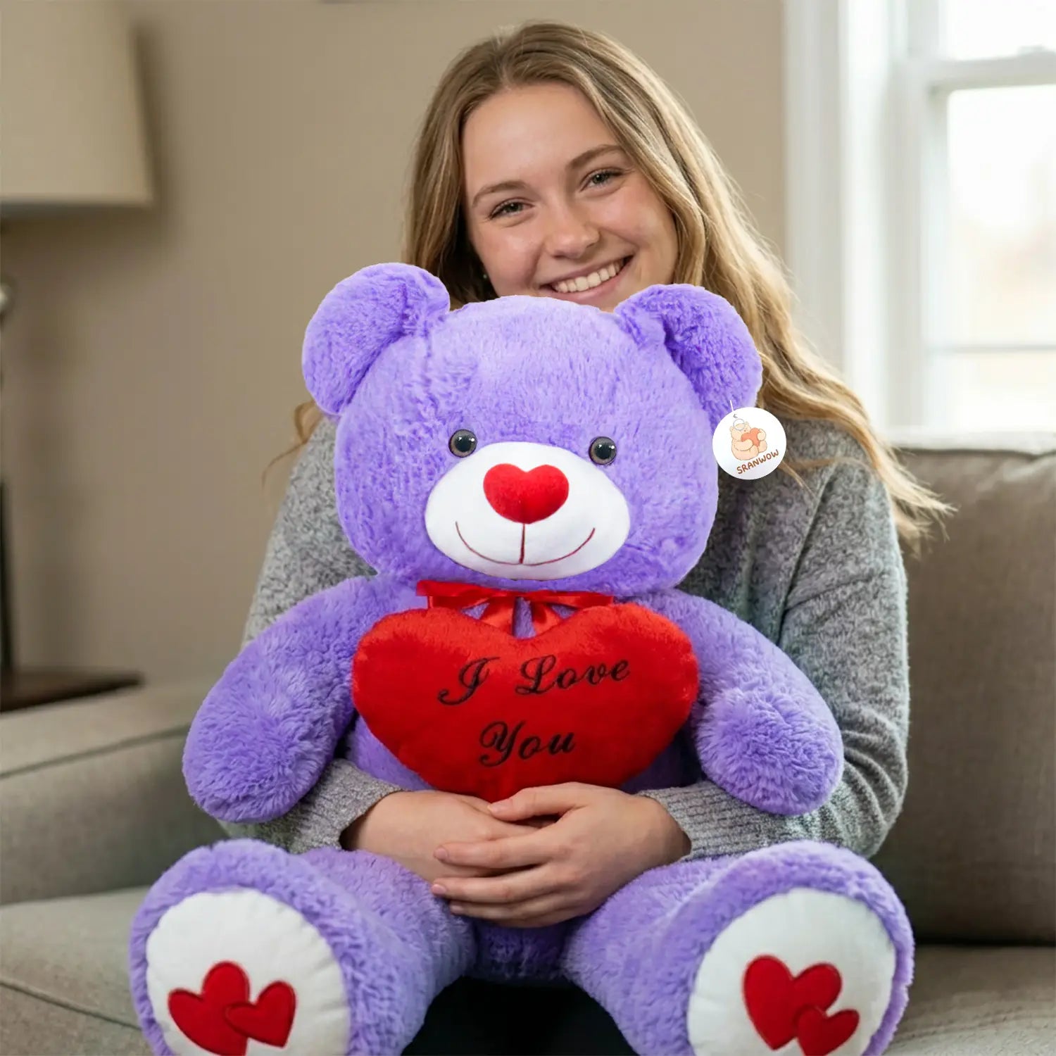 SRANWOW 43.3 Inch Giant Teddy Bear with Soft Heart Pillow, Plush Stuffed Animal, Valentine's Day Gift (Purple)