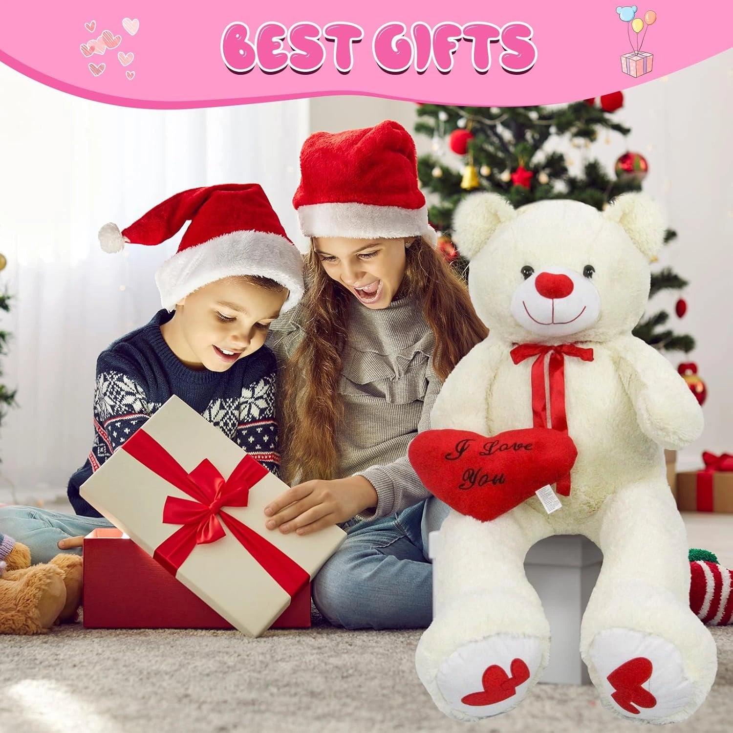 SRANWOW 51.2 Inch Giant Teddy Bear with Soft Heart Pillow, Plush Stuffed Animal, Valentine's Day Gift (White)